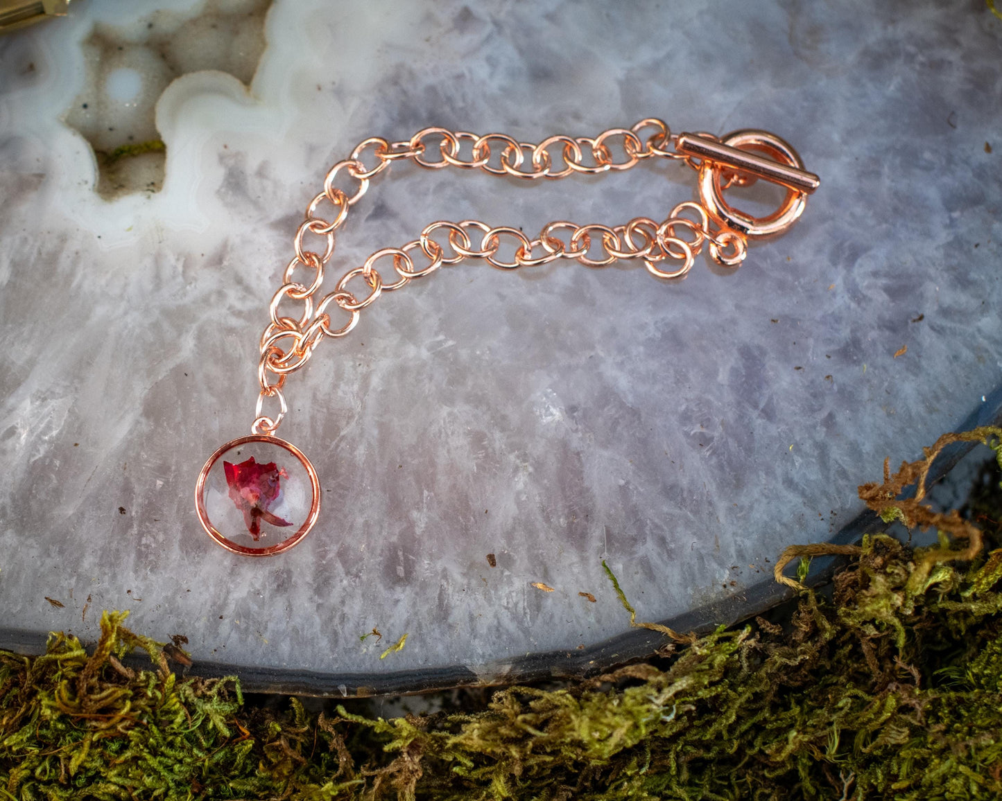 Sorority Senior Gift Rose Gold Bracelet Dried Rose Bracelet for Nature Lover Gift for Her Charm Bracelet Customizable Monogram Birthstone