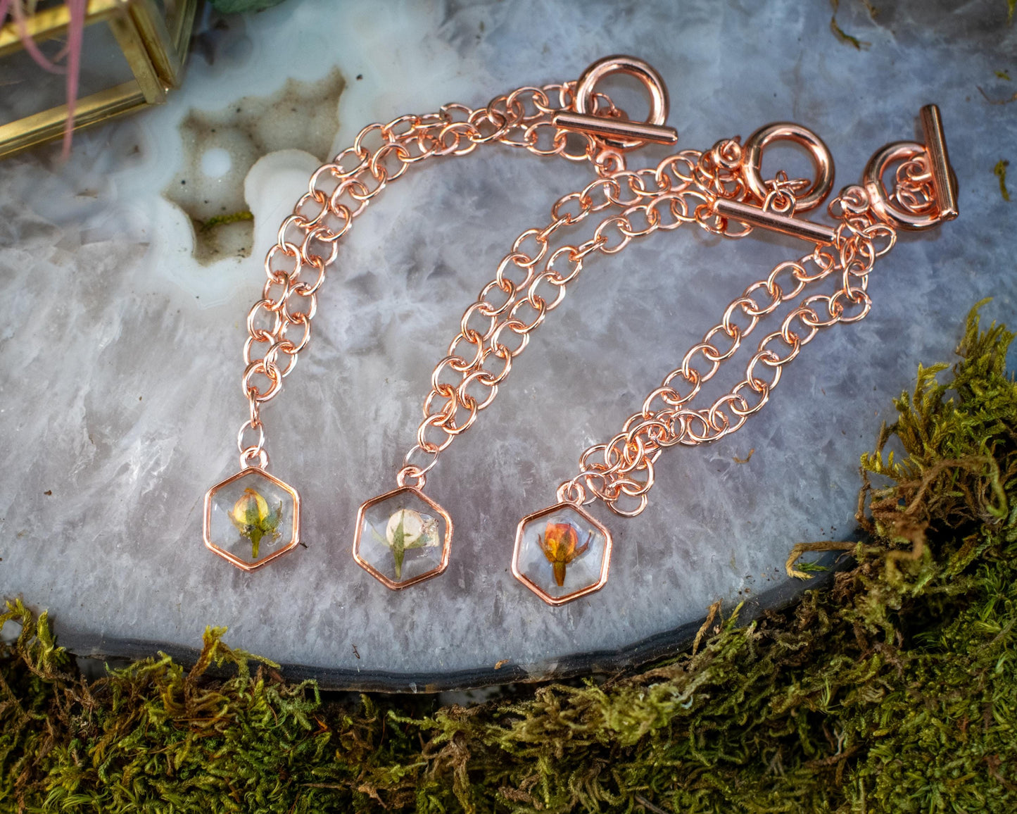 Sorority Senior Gift Rose Gold Bracelet Dried Rose Bracelet for Nature Lover Gift for Her Charm Bracelet Customizable Monogram Birthstone