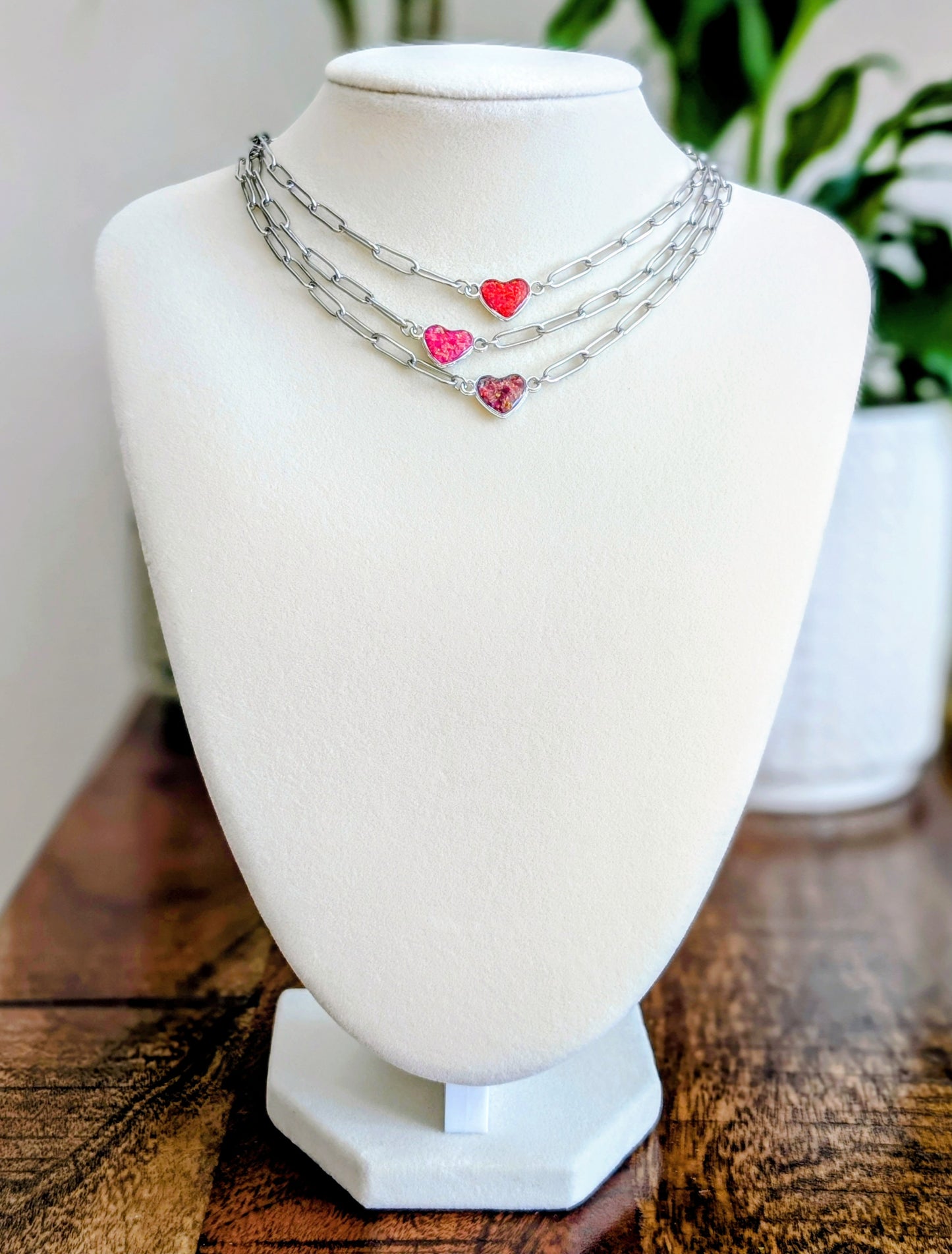 Silver Puffy Heart Chain Necklace - Cherry Red Lab Grown Opal