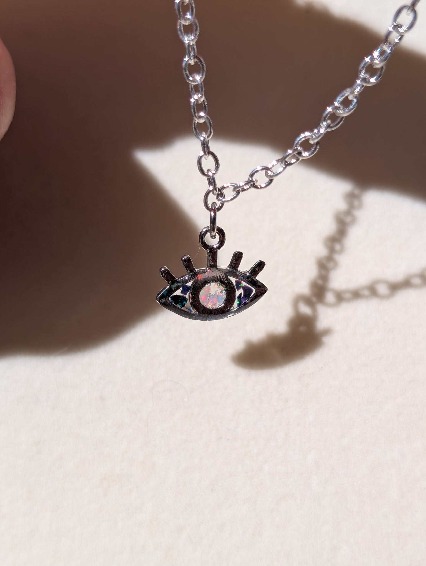 Opal Evil Eye Charm Necklace - Silver Plated