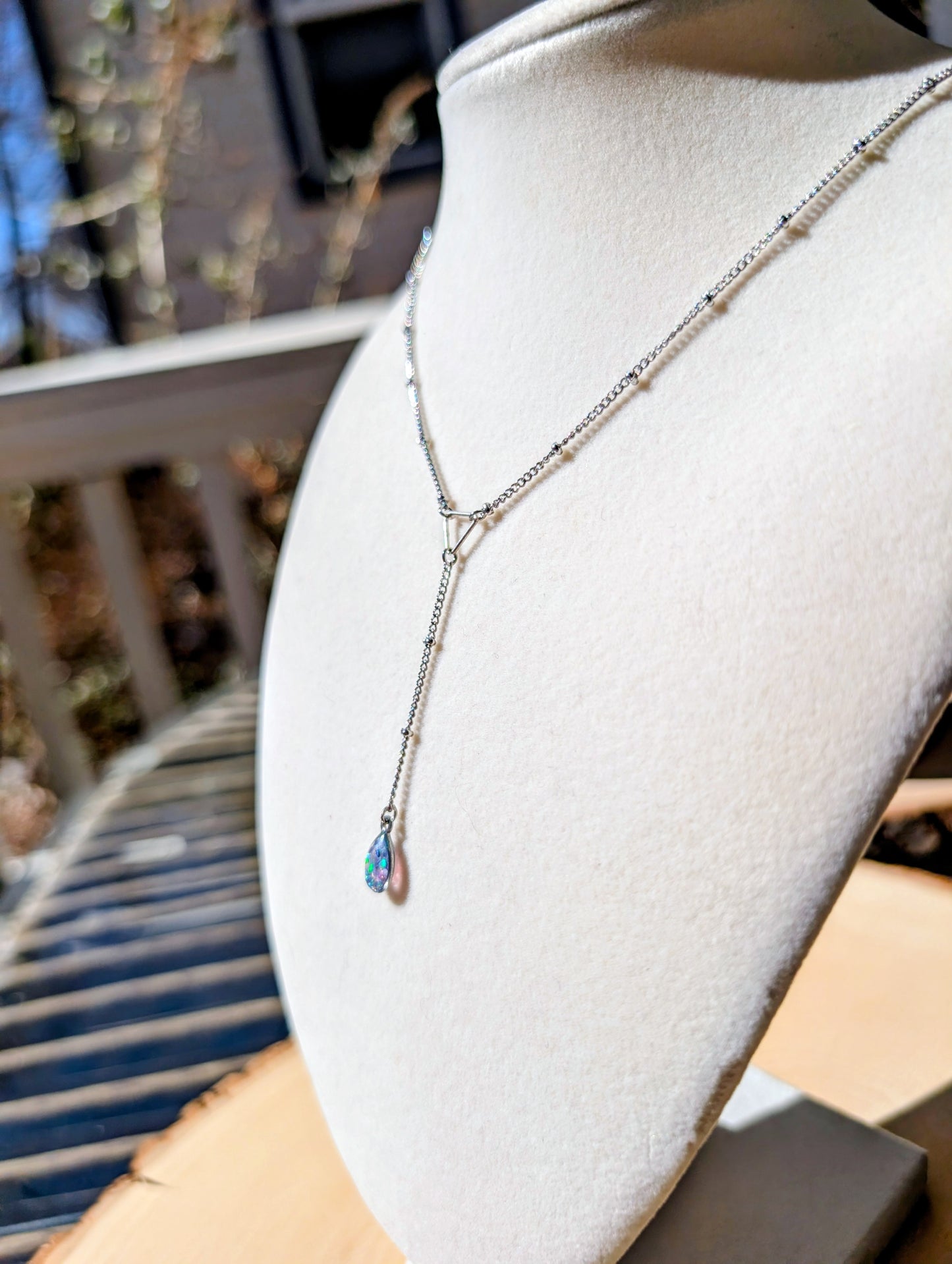 Gold Lariat Opal Teardrop Necklace - Lavender Opal