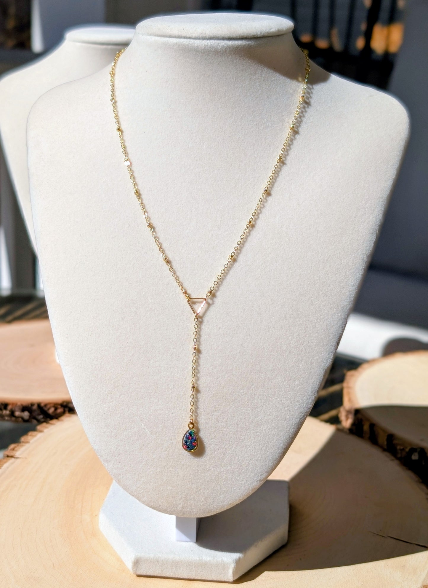 Silver Lariat Opal Teardrop Necklace - Cobalt Blue Opal