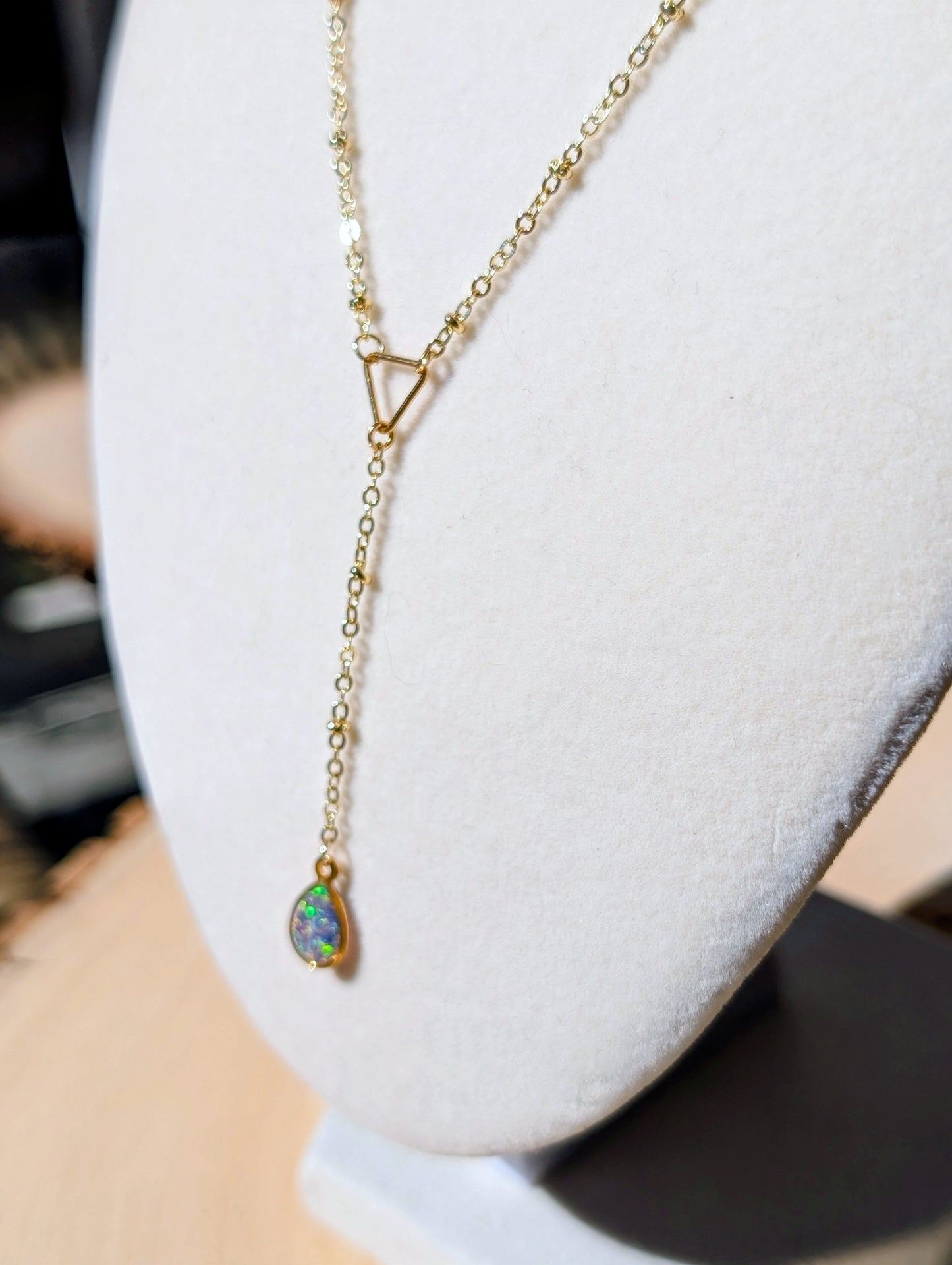 Silver Lariat Opal Teardrop Necklace - Lavender Opal