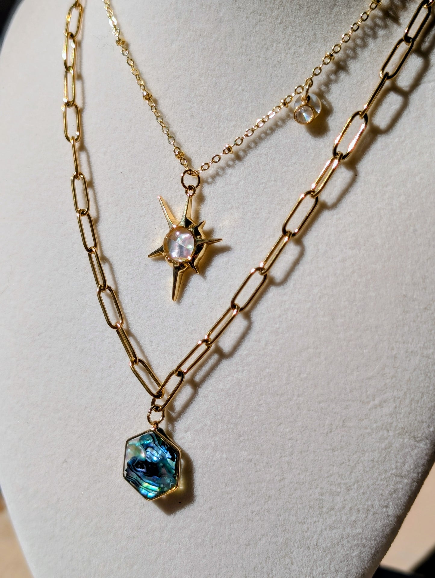 Blue Abalone Hexagon Pendant Chain Necklace