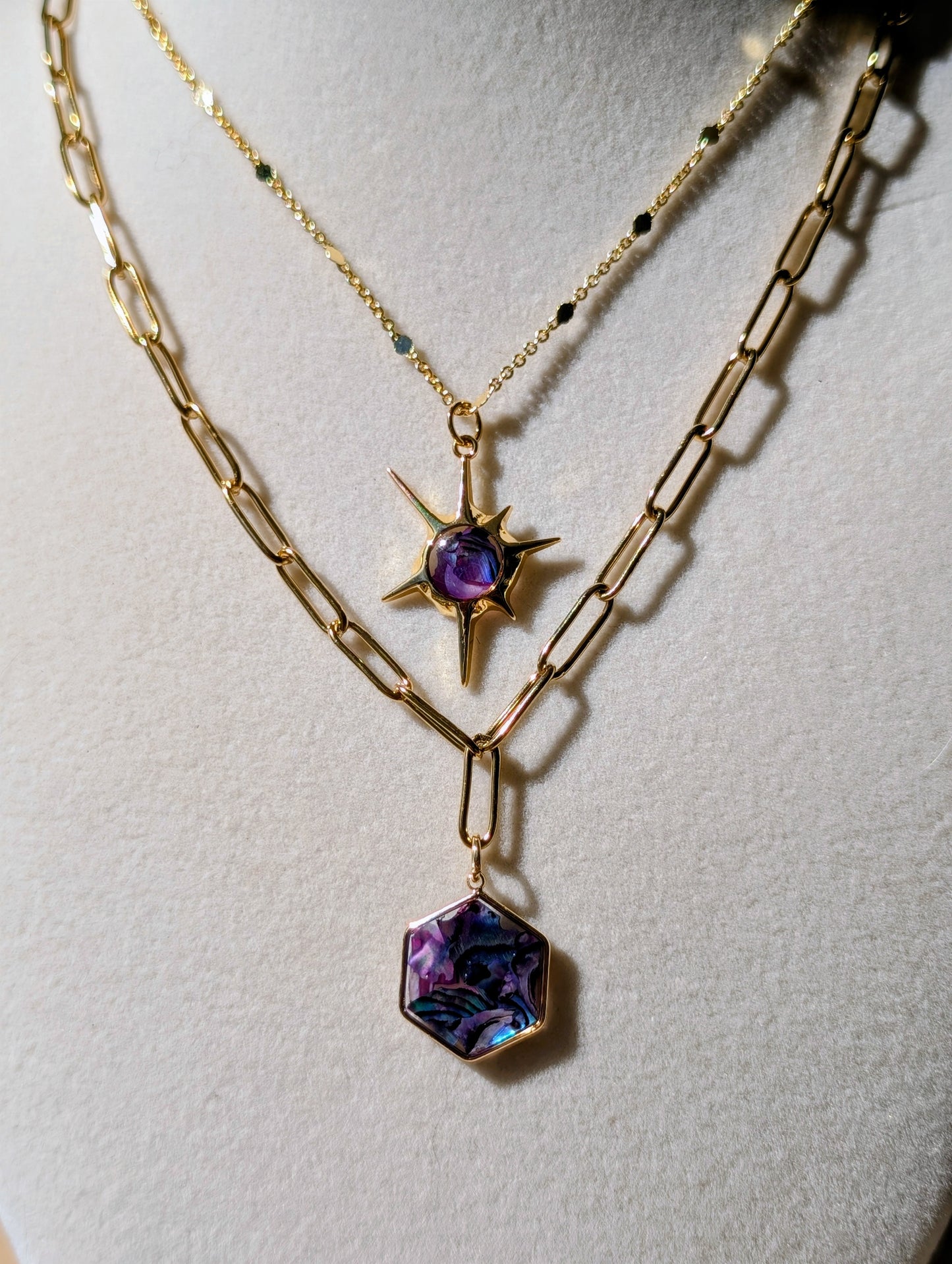 Purple Abalone Hexagon Pendant Chain Necklace