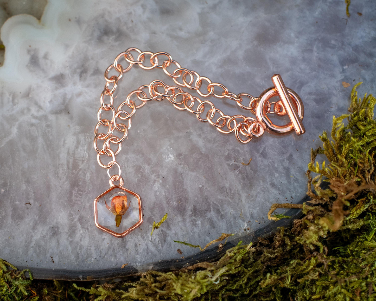 Sorority Senior Gift Rose Gold Bracelet Dried Rose Bracelet for Nature Lover Gift for Her Charm Bracelet Customizable Monogram Birthstone