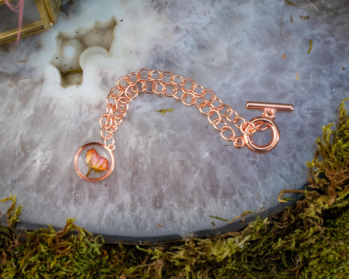 Sorority Senior Gift Rose Gold Bracelet Dried Rose Bracelet for Nature Lover Gift for Her Charm Bracelet Customizable Monogram Birthstone