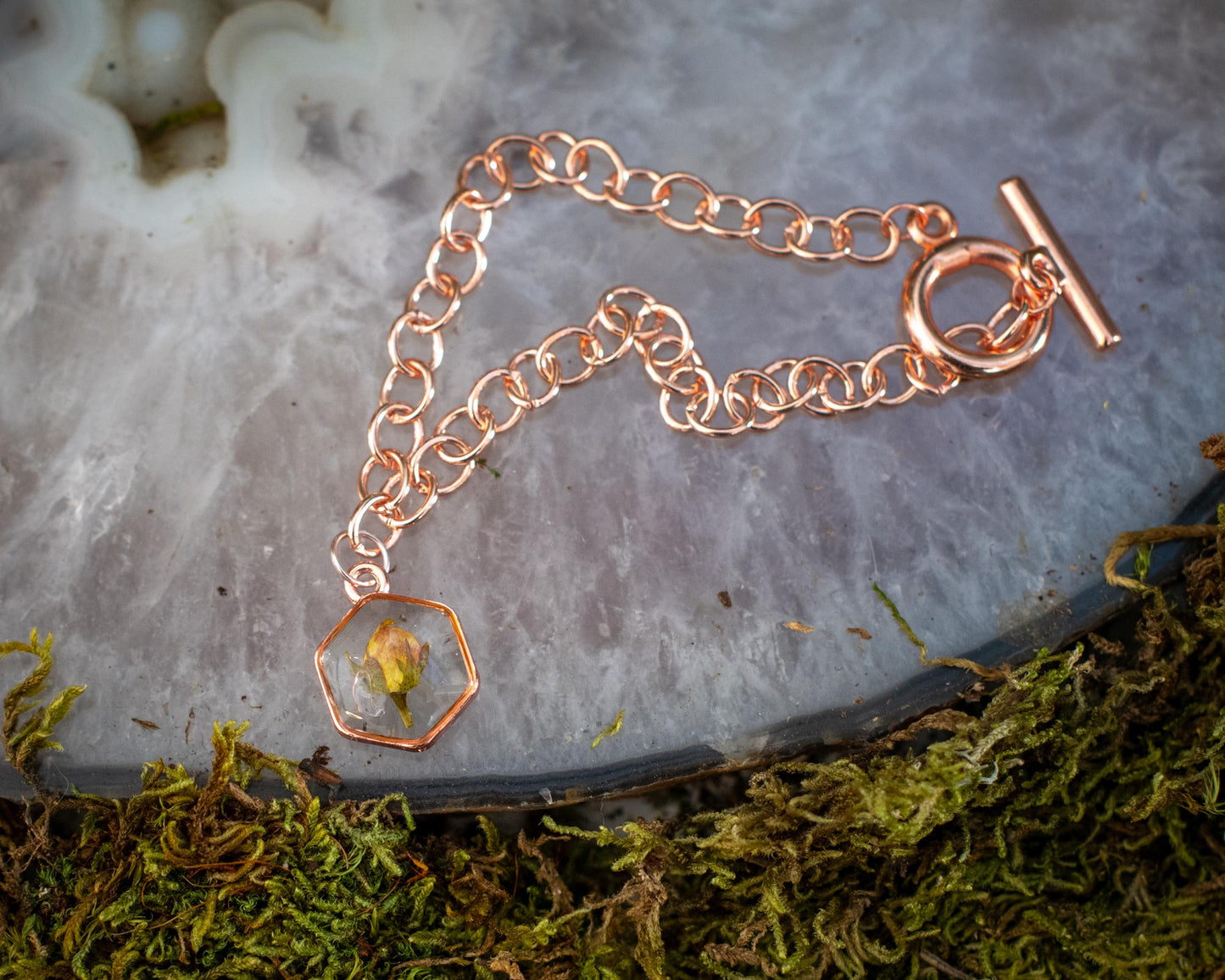 Sorority Senior Gift Rose Gold Bracelet Dried Rose Bracelet for Nature Lover Gift for Her Charm Bracelet Customizable Monogram Birthstone
