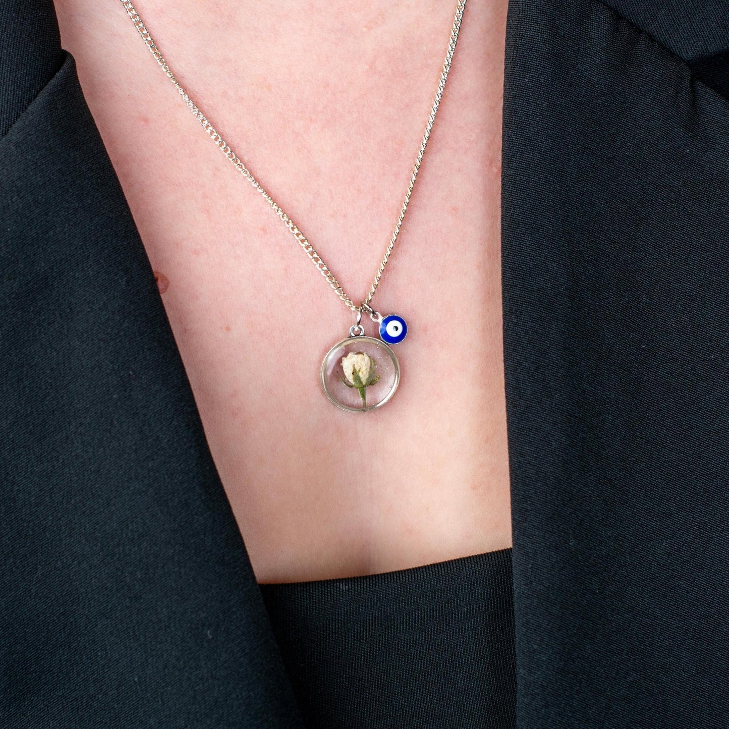 Summer Fashion Necklace Preserved Rose Pendant Evil Eye Charm Delicate Brass Chain White Flower Resin Design Botanical Collection Custom Length Option Nature Inspired Gift Women Beautiful Handcrafted Present Unique Protection Jewelry