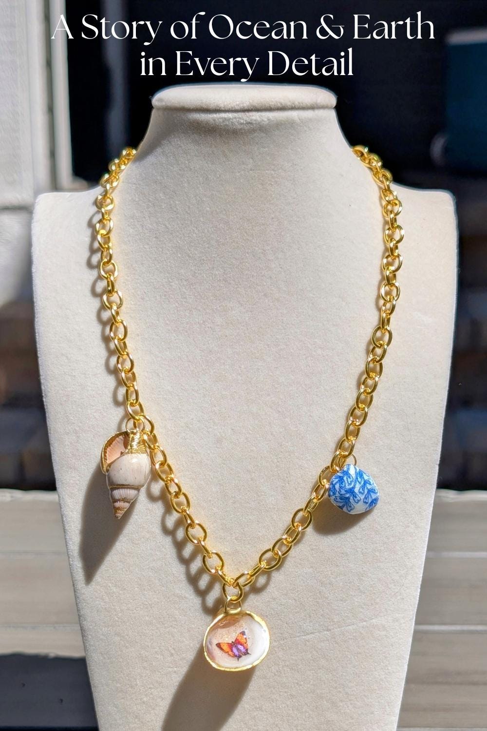 Nautical Summer Chain Seashell Necklace Gold Accent Coastal Jewelry Beach Gift Wedding Present Tropical Charm Seaside Shell Ocean Necklace
