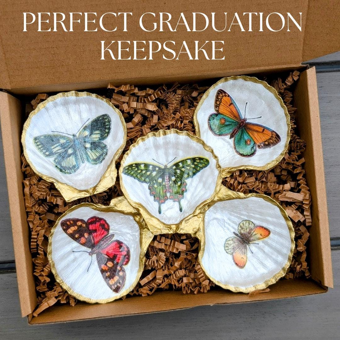 Graduation gift idea butterfly shell dish for nature lovers coastal boho keepsake tray botanical handmade decor