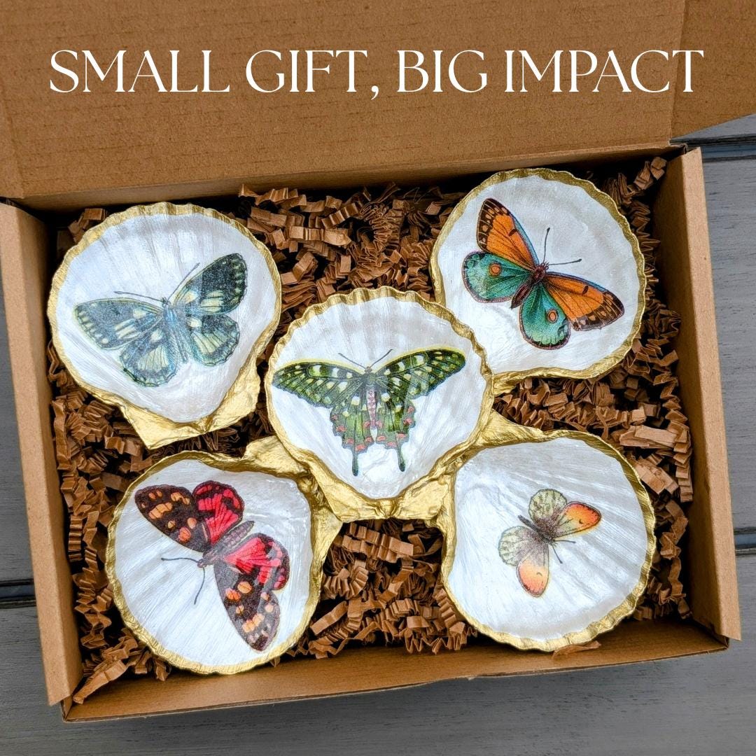 Gift for coworker butterfly shell dish coastal desk tray botanical keepsake handmade office accessory