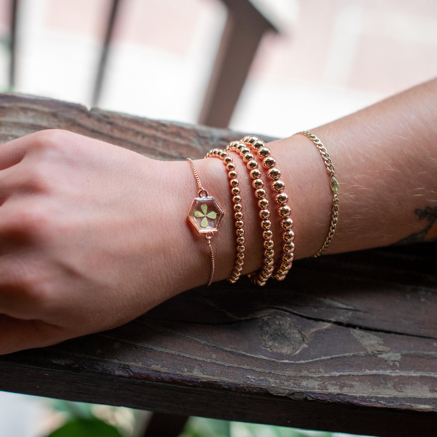 Lucky Charm Bracelet Four Leaf Clover Pendant Graduation Gift Collection Protection Jewelry Design Student Success Present Titanium Chain Option Real Preserved Clover Resin Setting Multiple Metal Finishes Available Perfect Moving Gift
