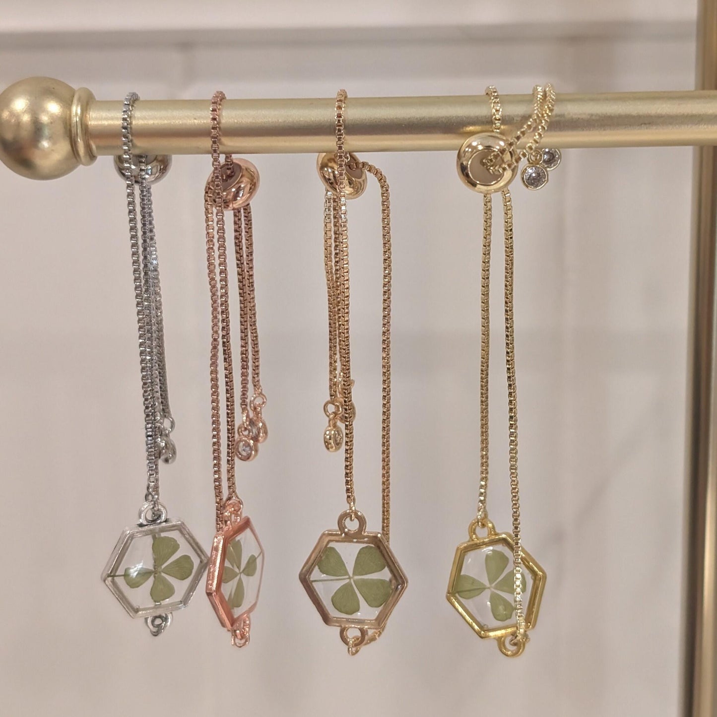 Four Leaf Clover Jewelry Collection Protection Charm Bracelet Lucky Pendant Design Graduation Gift Present Student Success Token Titanium Chain Option Real Preserved Clover Multiple Metal Colors Perfect Keepsake Essential Gift Set