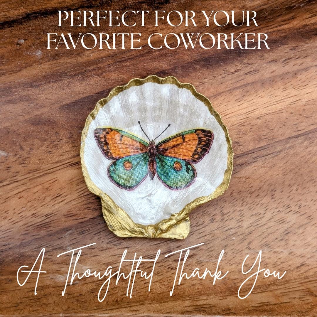 Butterfly seashell trinket dish coworker gift handmade coastal desk decor thank you favor botanical jewelry tray
