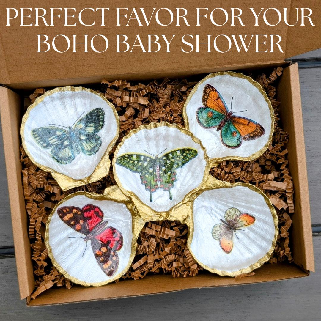 Butterfly trinket dish for girl baby shower thank you gift floral shell favor for guests fairy boho keepsake tray cottagecore nature inspired decor baby girl party accessory botanical guest gift handmade whimsical shower memento butterfly jewelry holder baby shower table setting favor idea pressed flower aesthetic shell tray unique guest appreciation gift for fairycore baby showers