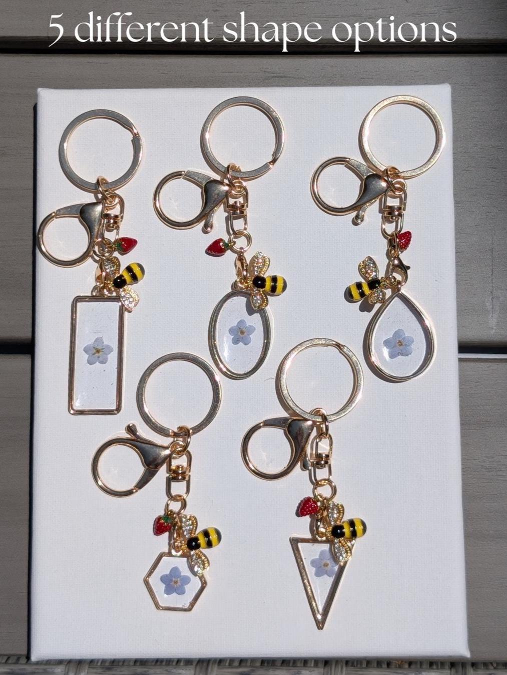 Real flower triangle charm keychain gold bee charm and red strawberry gift for her boho fairycore and summer fruit accessory