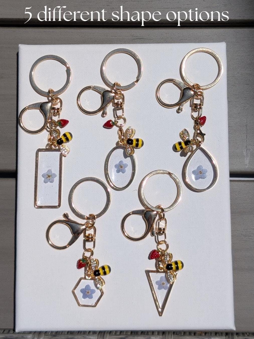 Summer aesthetic keychain with gold triangle floral charm red strawberry and bee accessory nature gift for her