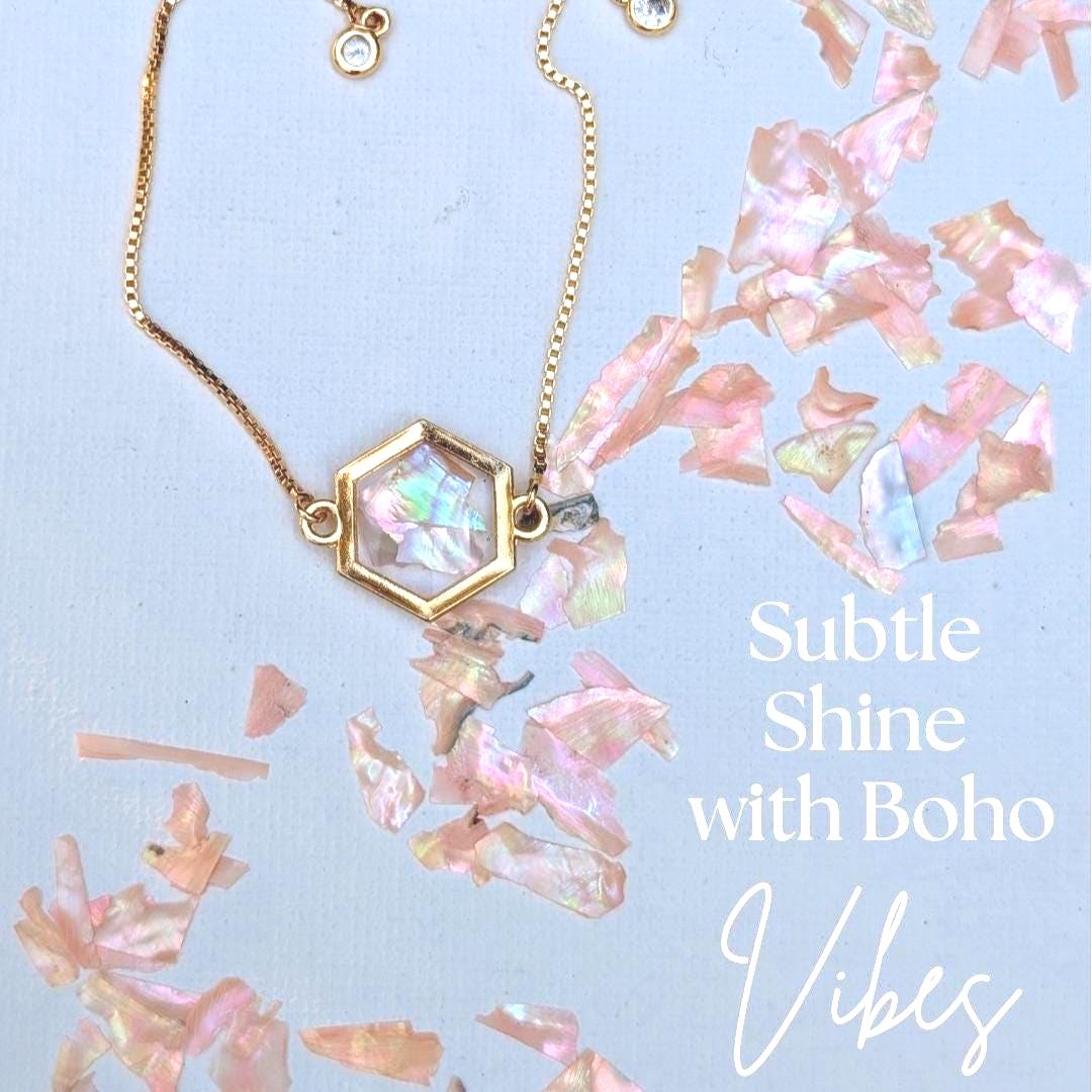 Pink abalone shell bracelet for emotional balance with hexagon charm
