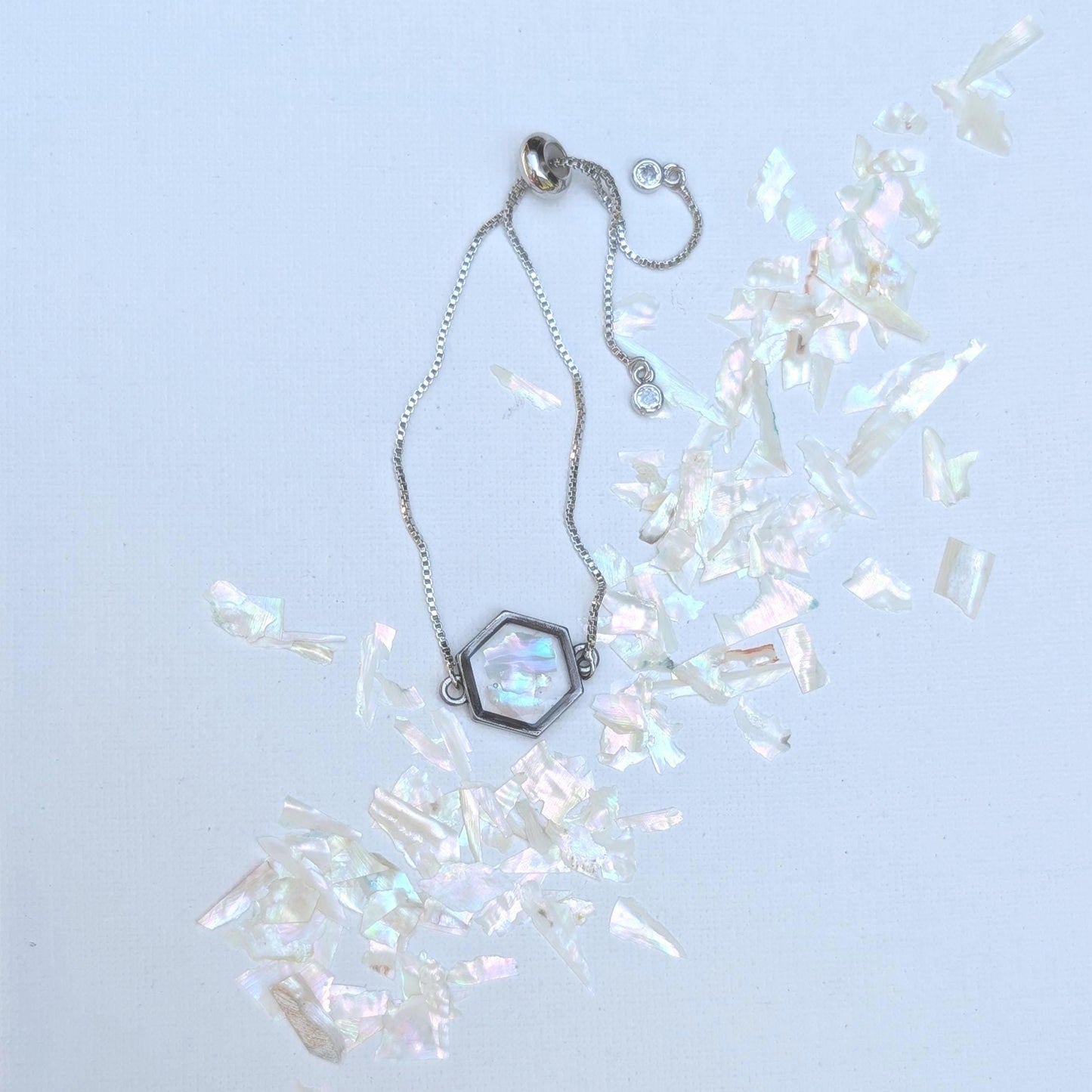 White Shell Bracelet Adjustable Hexagon Silver Chain Crystalcore Jewelry Minimalist Gift for Her Clean Aesthetic Iridescent Charm