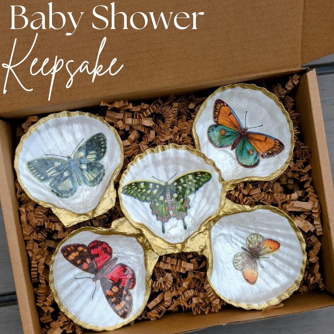 Handmade Butterfly Seashell Trinket Dish Set Mother’s Day Gift for Mom Coastal Boho Cottagecore Botanical Decor Nature Lover Jewelry Tray