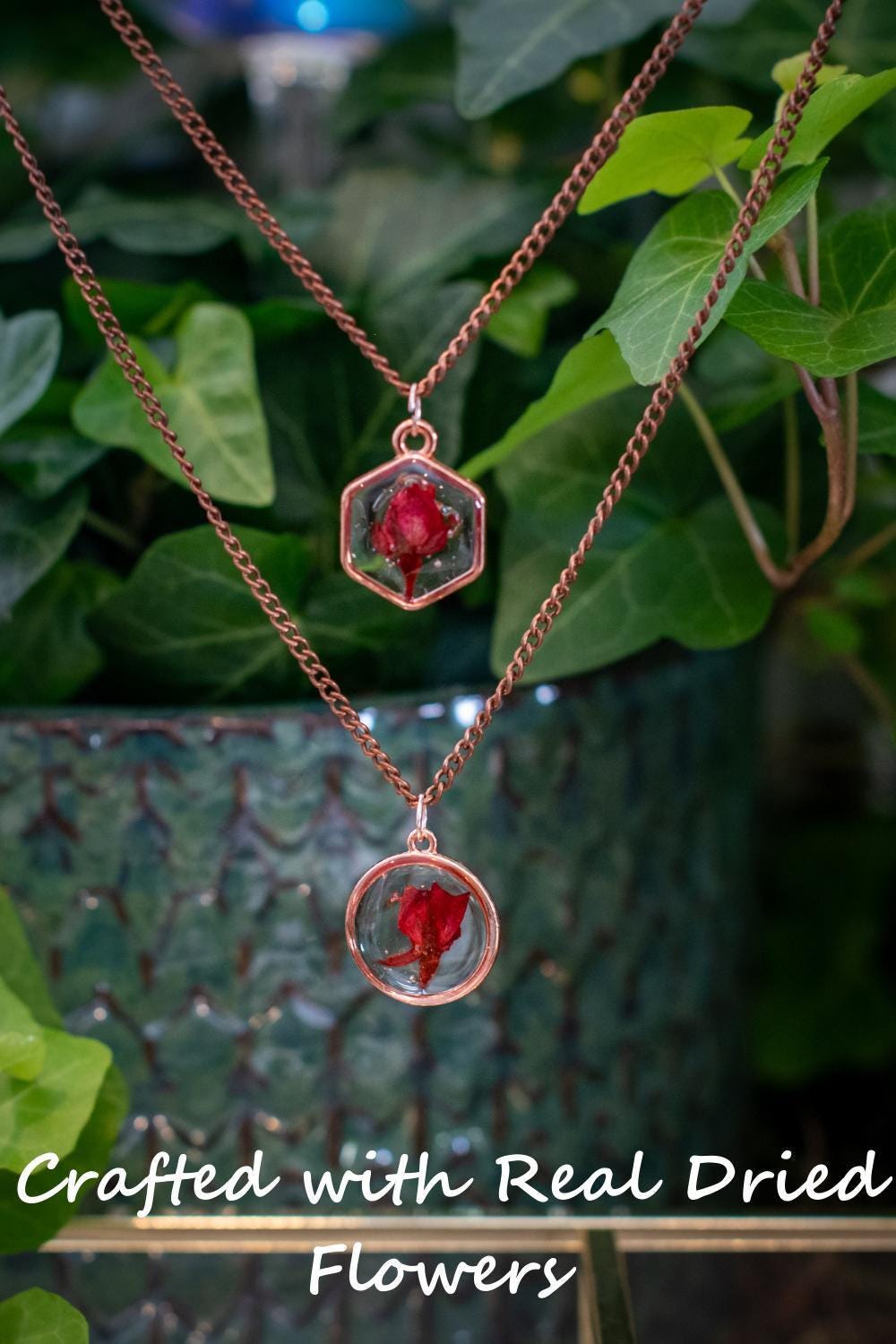 Red Rose Necklace Real Dried Flowers Resin Nature Jewelry Rose Gold Pendant Gift for Her Anniversary Birthday Galentines Day Valentines Gift