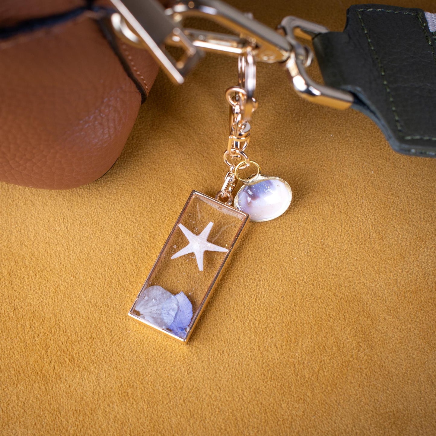 Blue Hydrangea Starfish Bag Charm Pendant with Ocean Shell Accent Beach Jewelry Mermaid Gift Seaside Bracelet Accessory