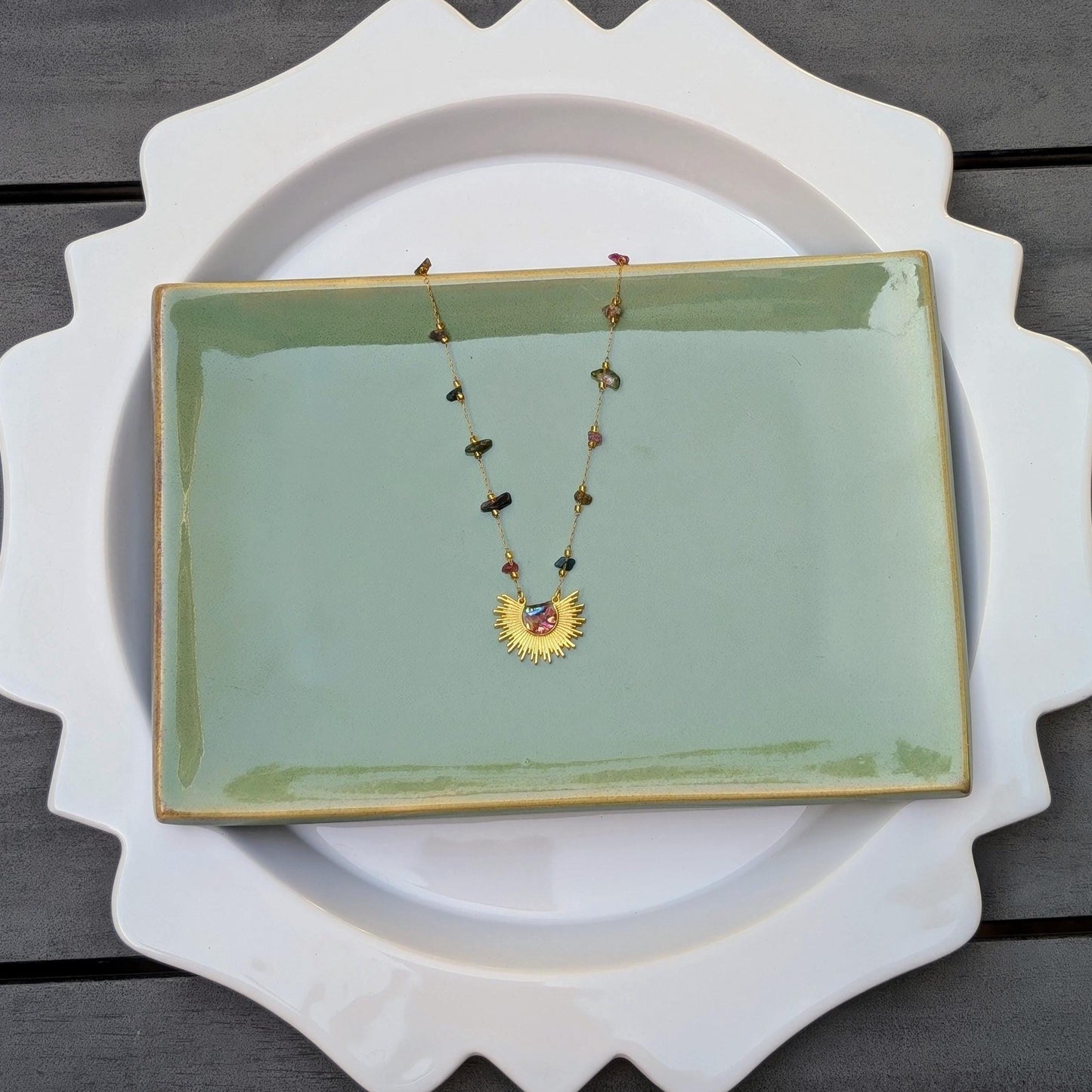 18K Gold Abalone Necklace with Sunburst Pendant Iridescent Abalone Shell Gemstone Chain Black Pink Tourmaline Handmade Elegant Jewelry Gift