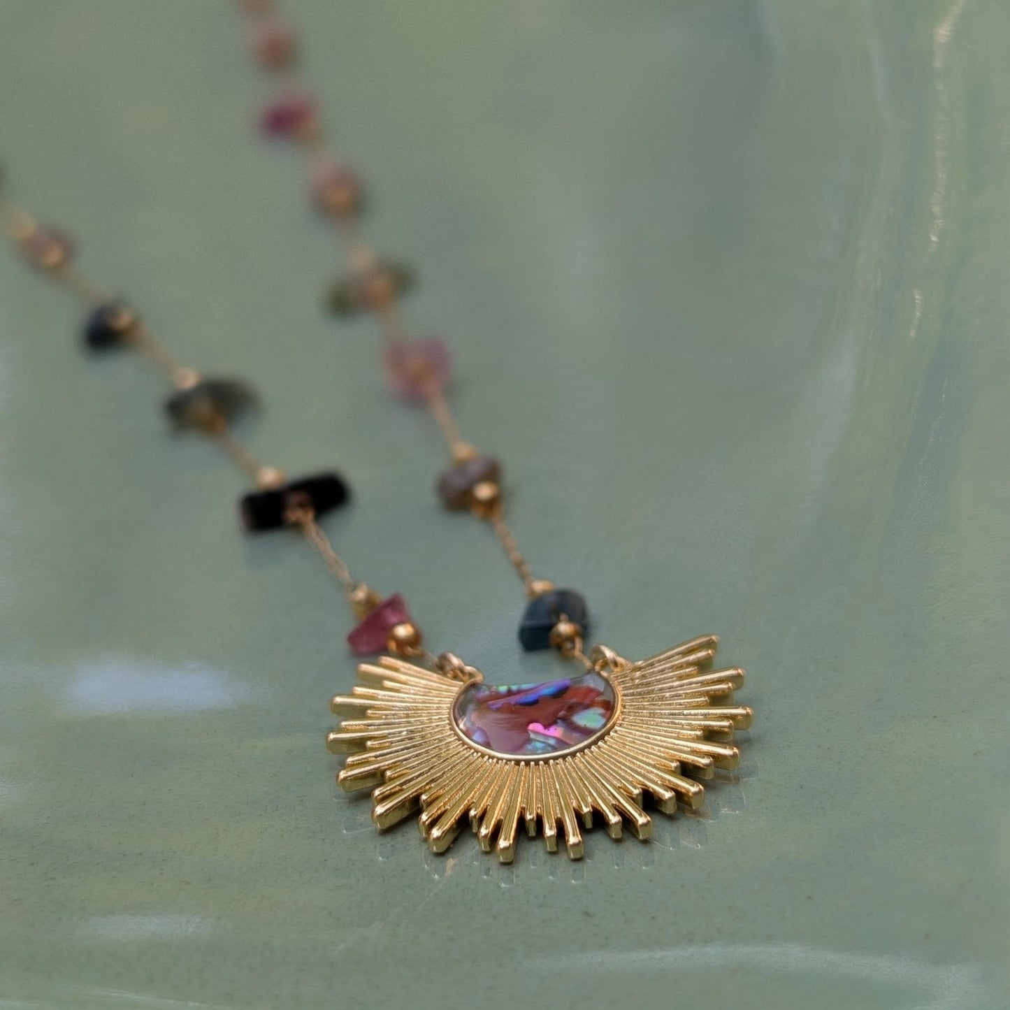 18K Gold Abalone Necklace with Sunburst Pendant Iridescent Abalone Shell Gemstone Chain Black Pink Tourmaline Handmade Elegant Jewelry Gift
