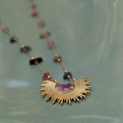 18K Gold Abalone Necklace with Sunburst Pendant Iridescent Abalone Shell Gemstone Chain Black Pink Tourmaline Handmade Elegant Jewelry Gift