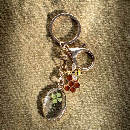 Four Leaf Clover & Bee Charm Keychain