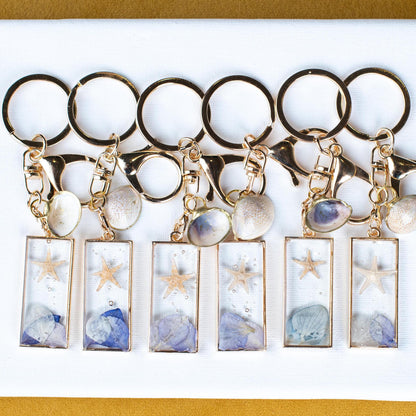 Blue Hydrangea Starfish Bag Charm Pendant with Ocean Shell Accent Beach Jewelry Mermaid Gift Seaside Bracelet Accessory