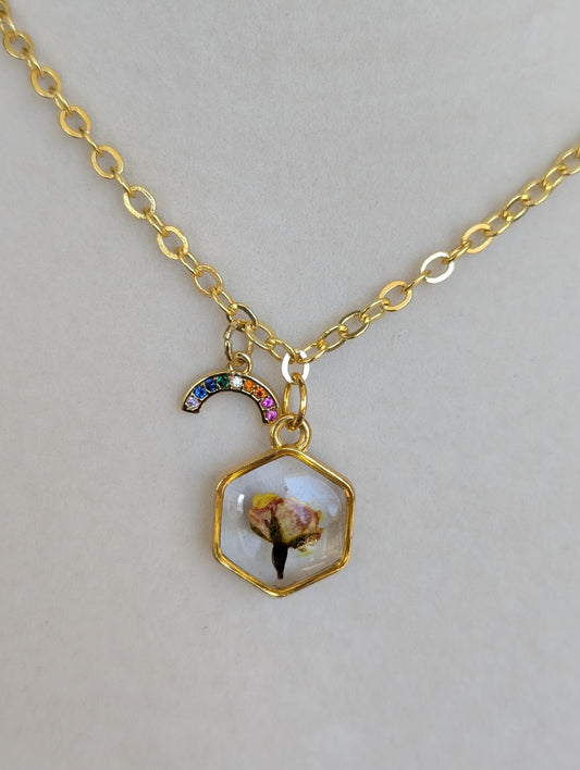 Real Rosebud Pendant with Rainbow Charm