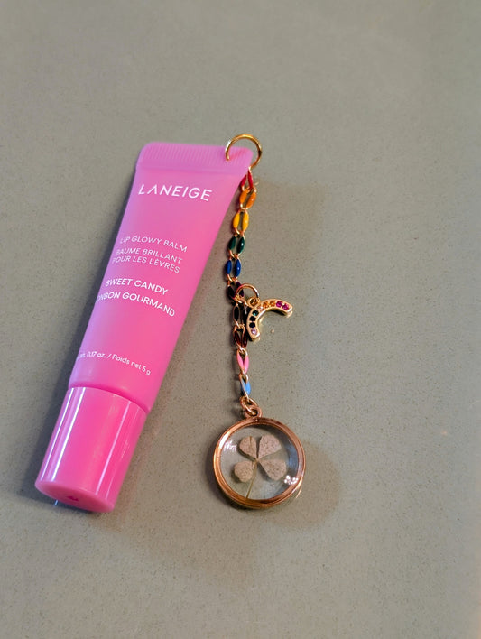 Mini Laneige Lip Gloss Charm  - Real Four Leaf Clover Pendant