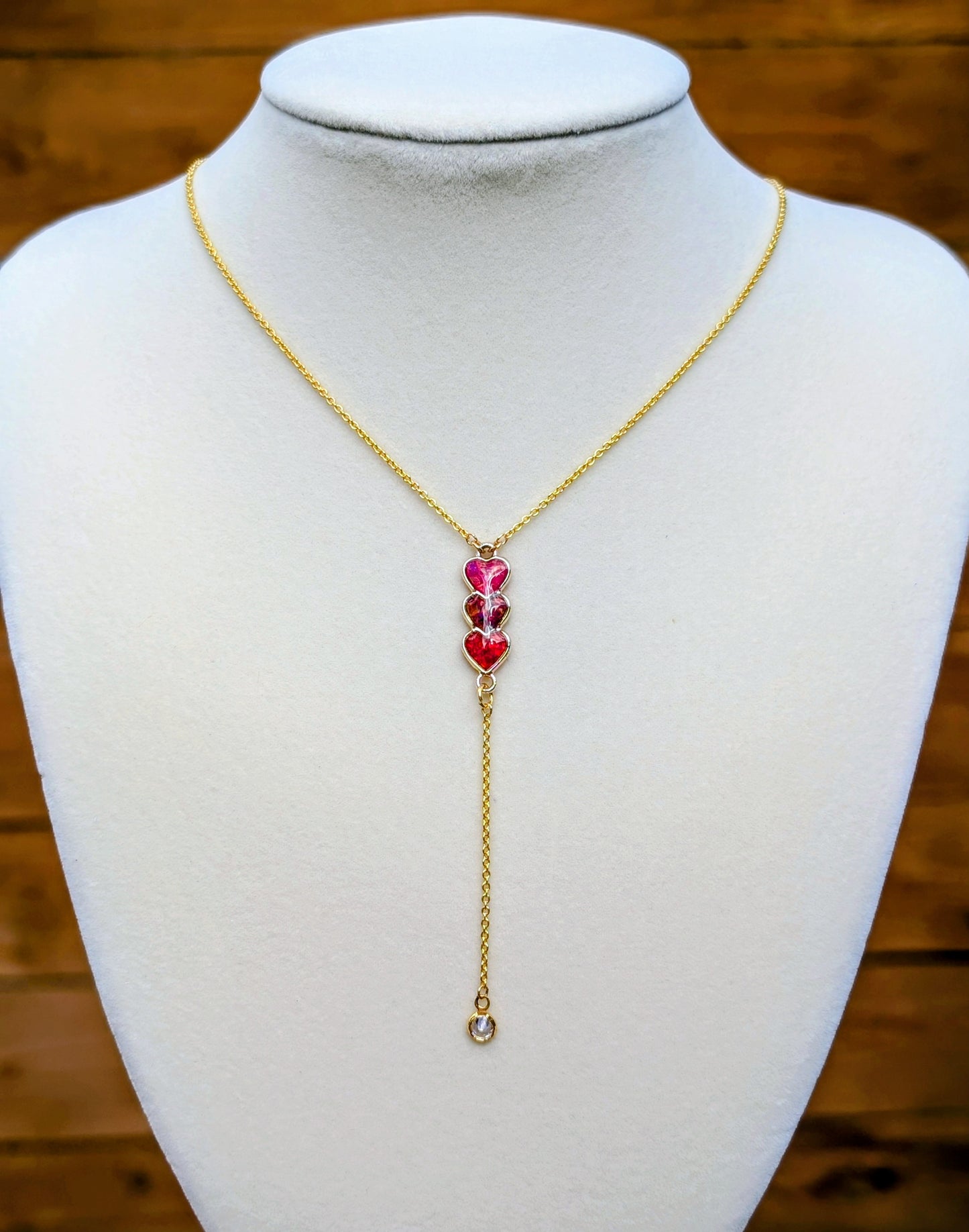 Gold Triple Heart Red Opal Drop Necklace