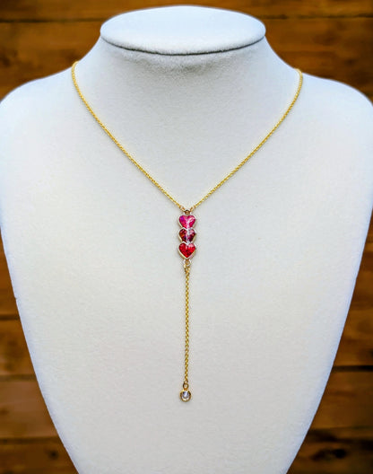 Gold Triple Heart Red Opal Drop Necklace