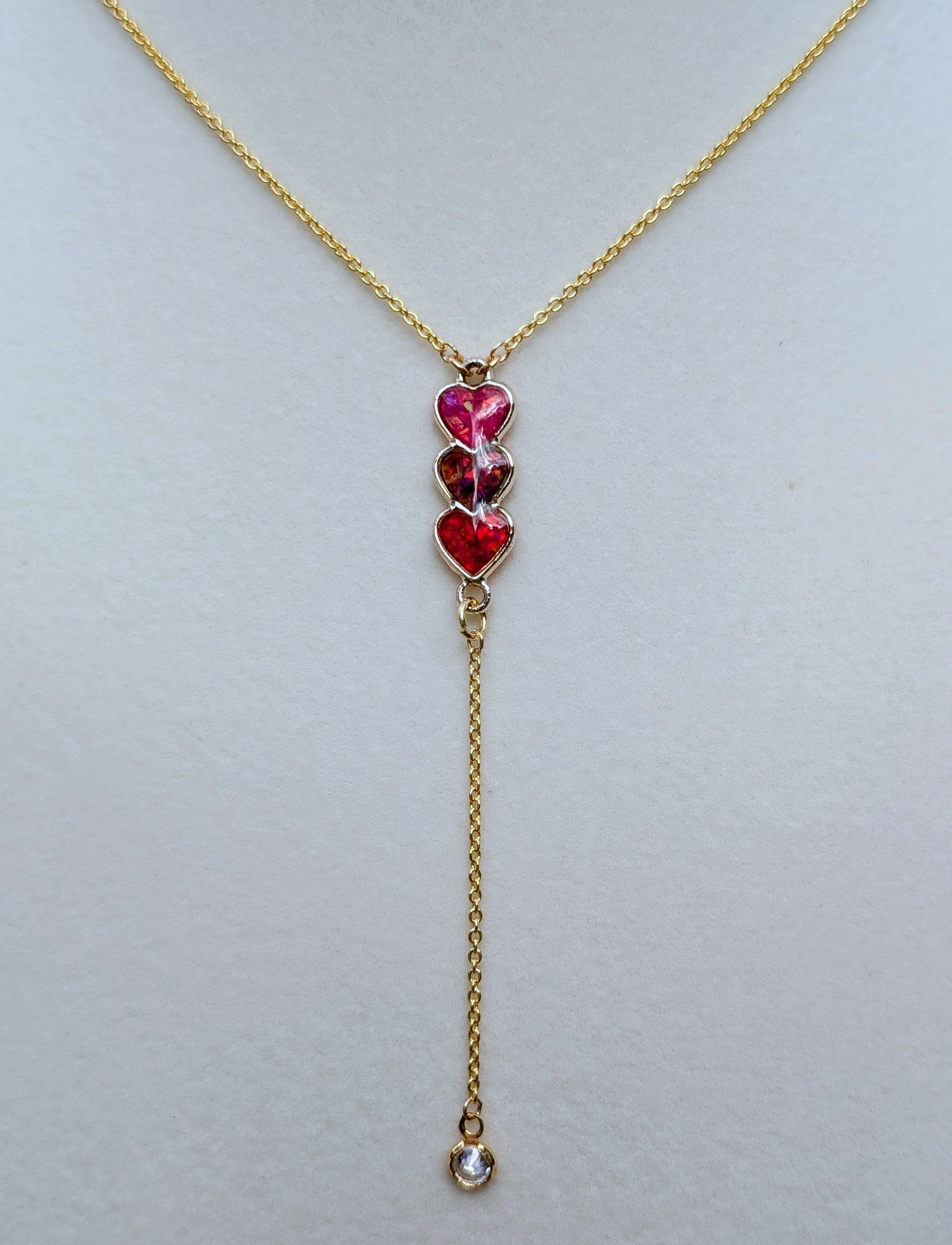 Gold Triple Heart Red Opal Drop Necklace