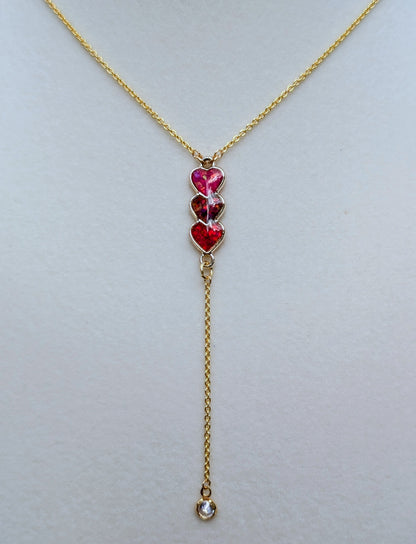 Gold Triple Heart Red Opal Drop Necklace