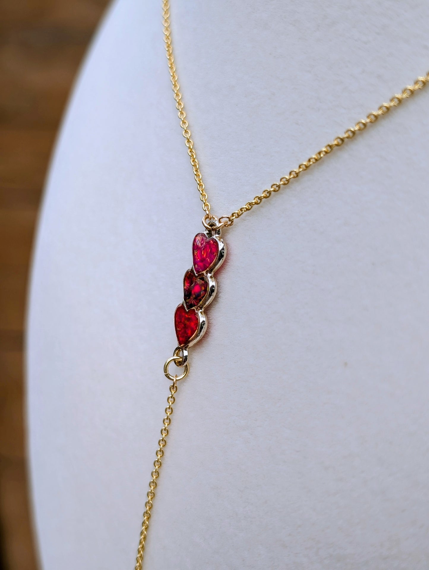 Gold Triple Heart Red Opal Drop Necklace