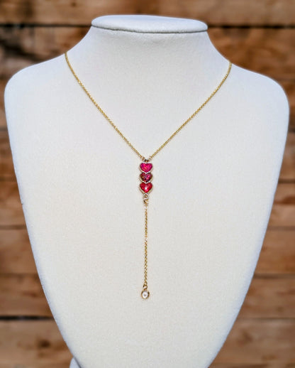 Gold Triple Heart Red Opal Drop Necklace