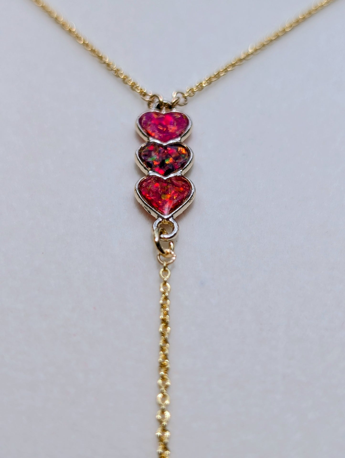 Gold Triple Heart Red Opal Drop Necklace