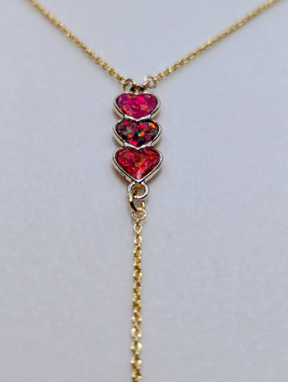 Gold Triple Heart Red Opal Drop Necklace