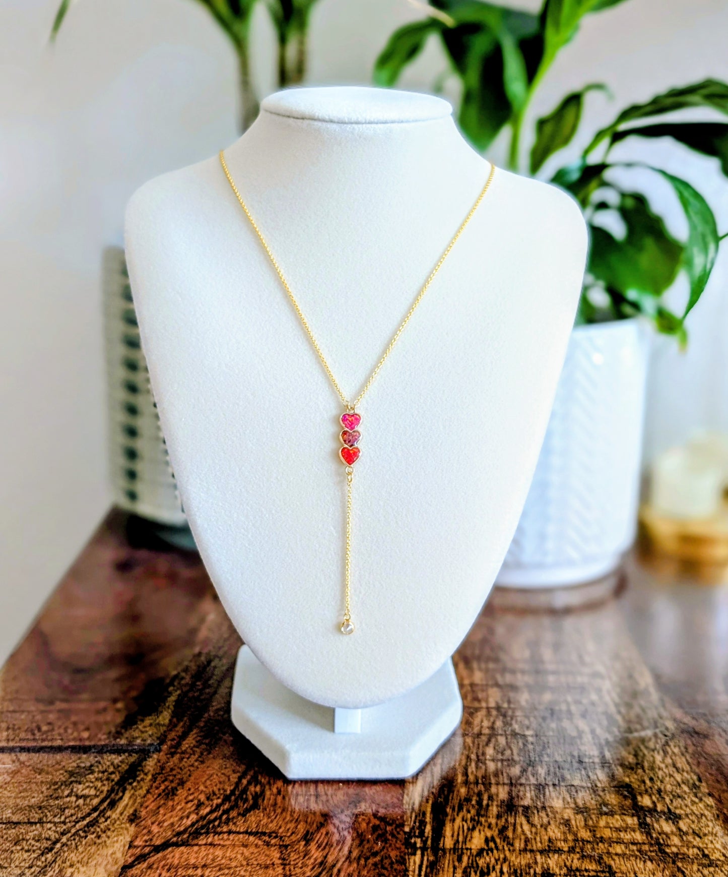 Gold Triple Heart Red Opal Drop Necklace