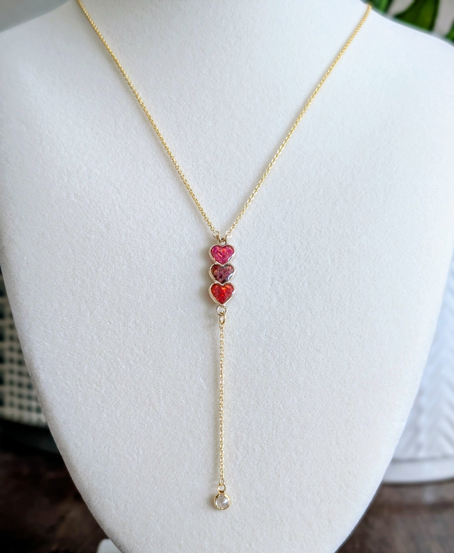 Gold Triple Heart Red Opal Drop Necklace