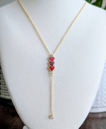 Gold Triple Heart Red Opal Drop Necklace