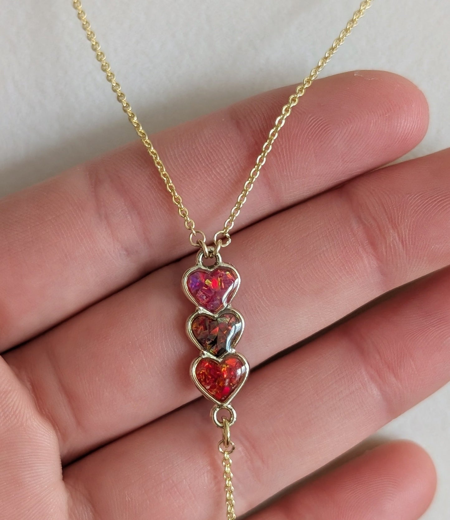 Gold Triple Heart Red Opal Drop Necklace