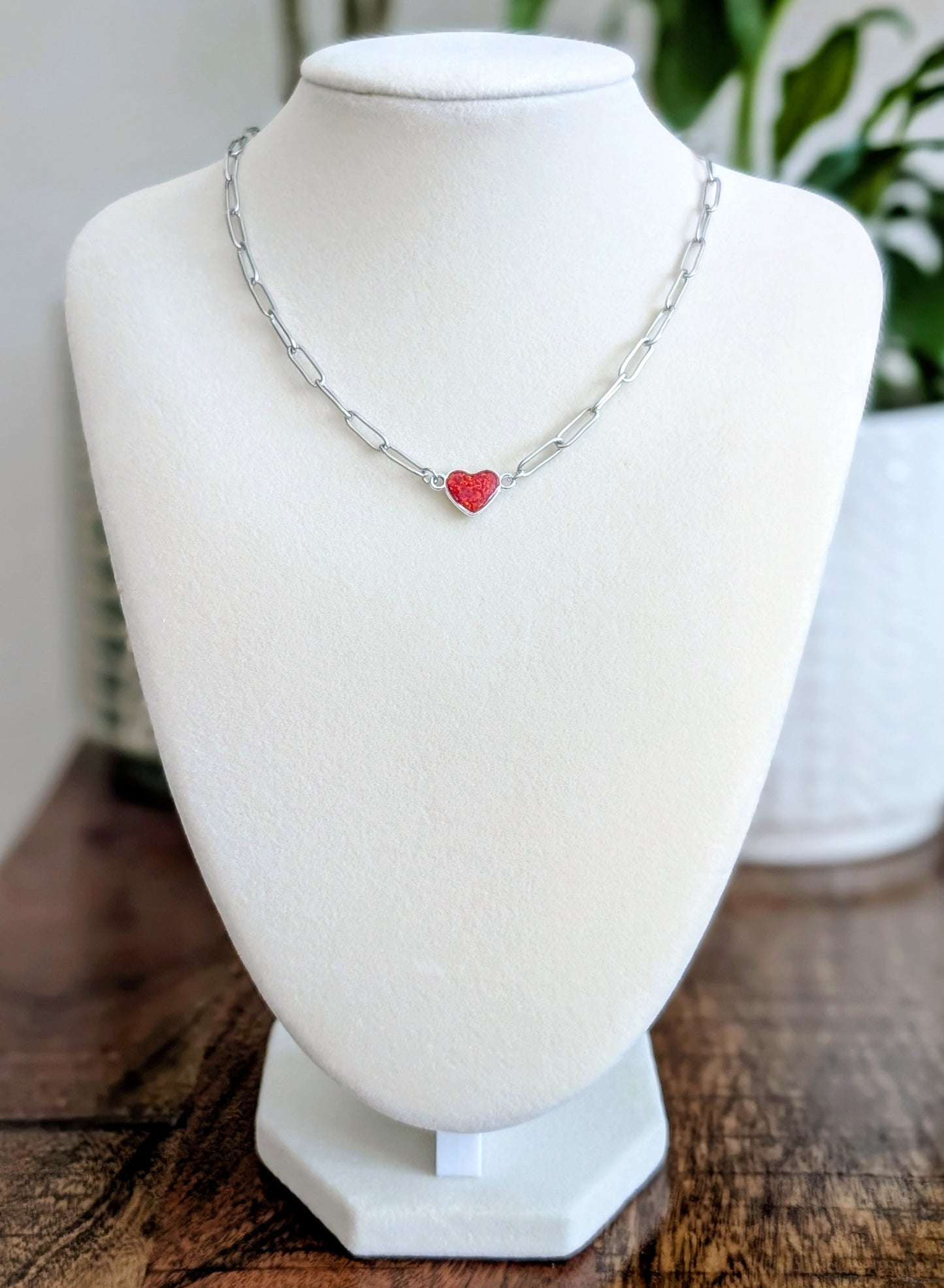 Silver Puffy Heart Chain Necklace - Cherry Red Lab Grown Opal