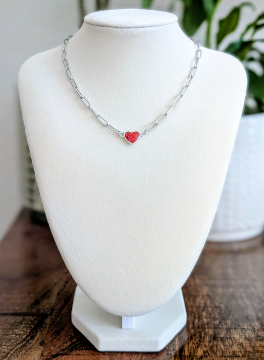 Silver Puffy Heart Chain Necklace - Cherry Red Lab Grown Opal