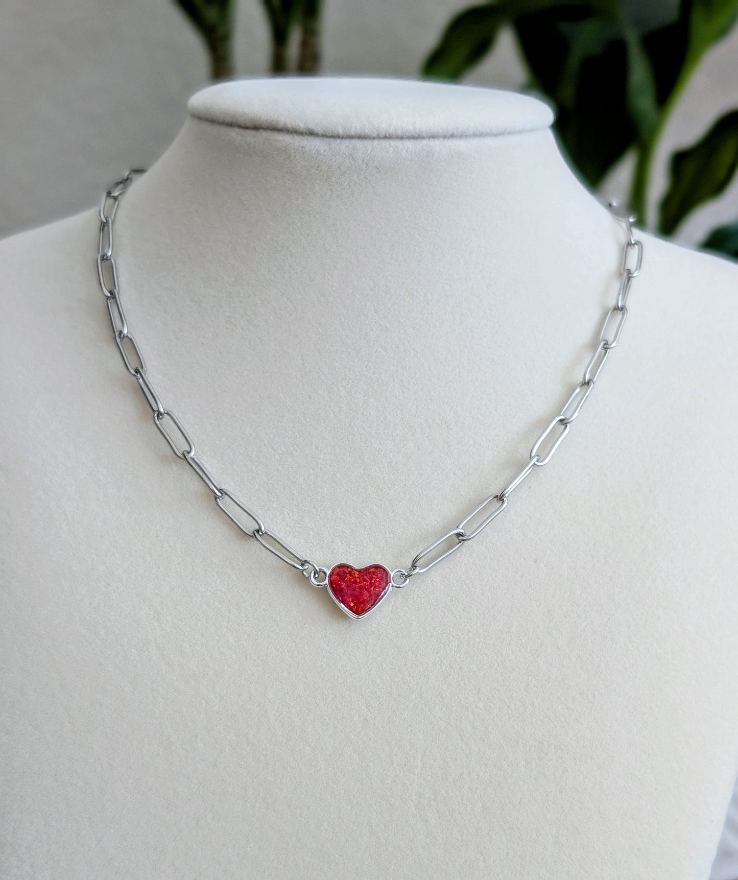 Silver Puffy Heart Chain Necklace - Cherry Red Lab Grown Opal