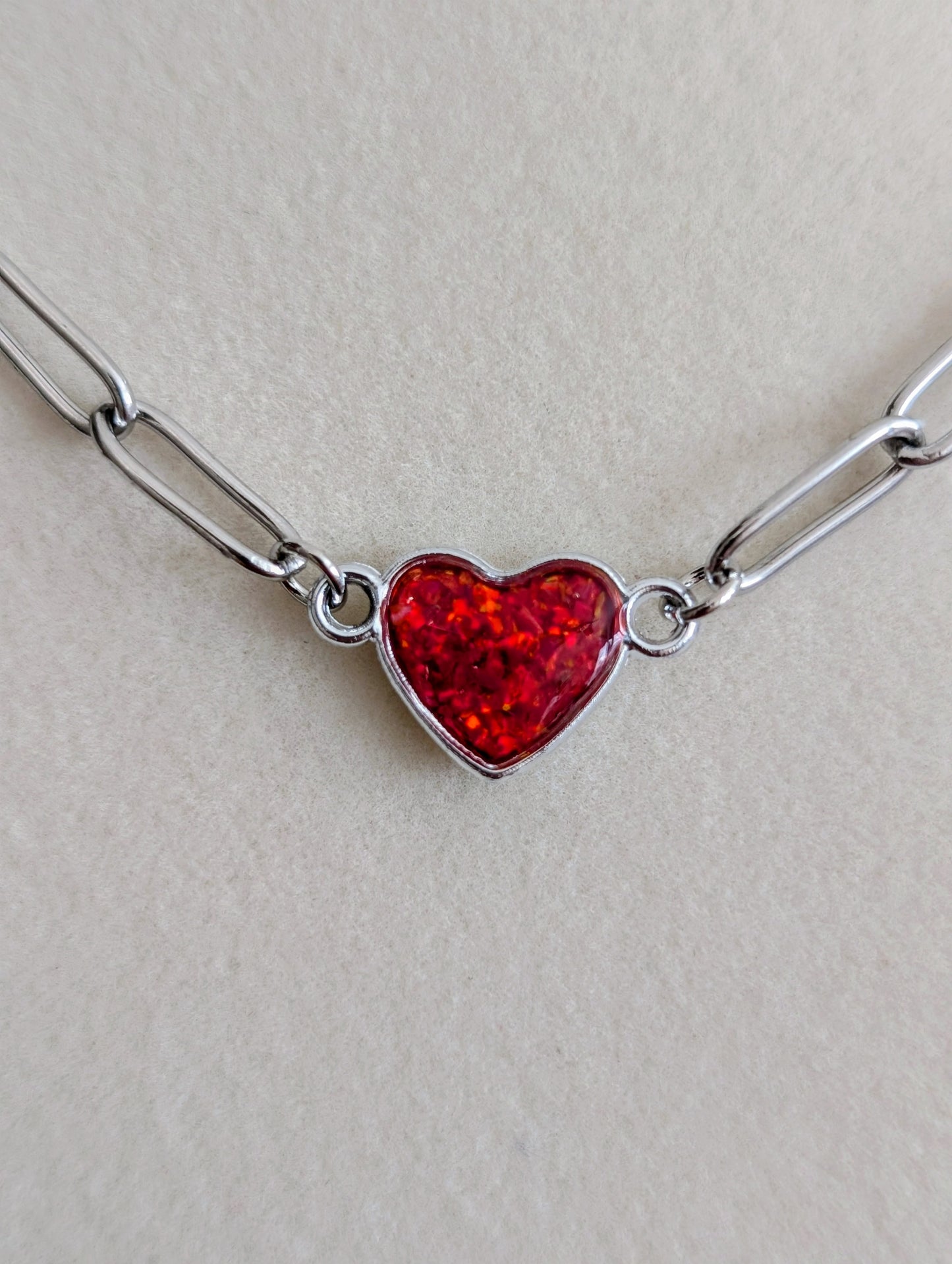 Silver Puffy Heart Chain Necklace - Cherry Red Lab Grown Opal